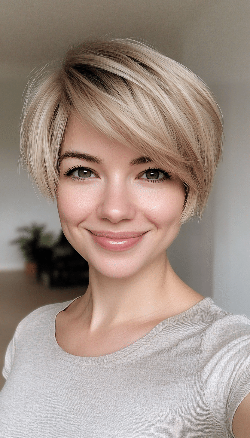 27. Short Layered Cut with Fringe in Medium Blonde (Short Hairstyles For Thick Hair) - Short Hairstyles For Thick Hair