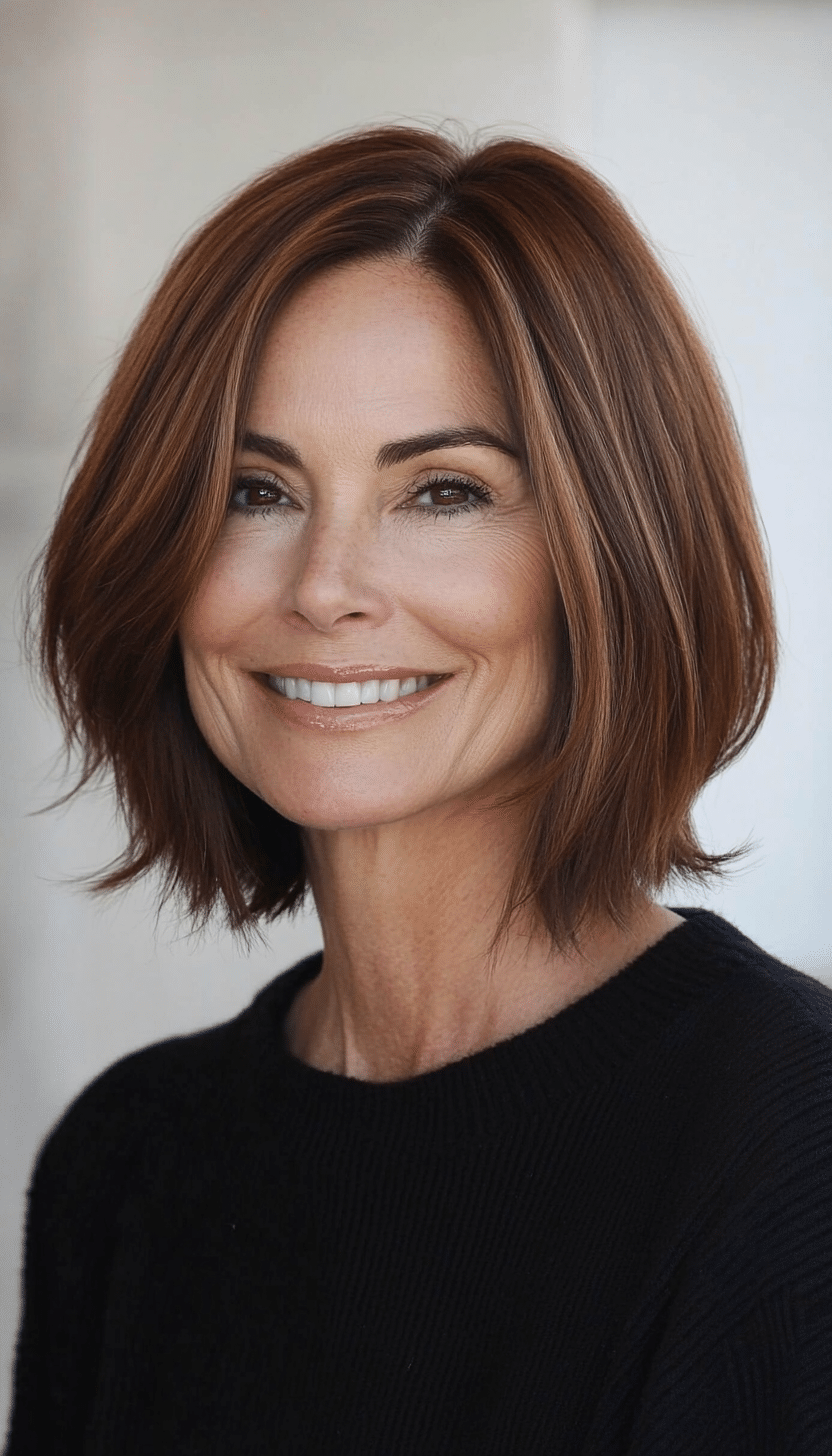 4. Classic Blunt Cut in Chestnut Brown (Medium Haircuts For Older Women) - Medium Haircuts For Older Women