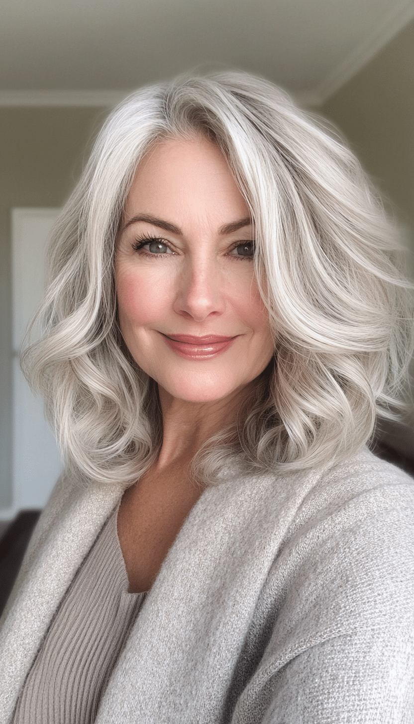5. Feathered Layers in Natural Silver (Medium Haircuts For Older Women) - Medium Haircuts For Older Women