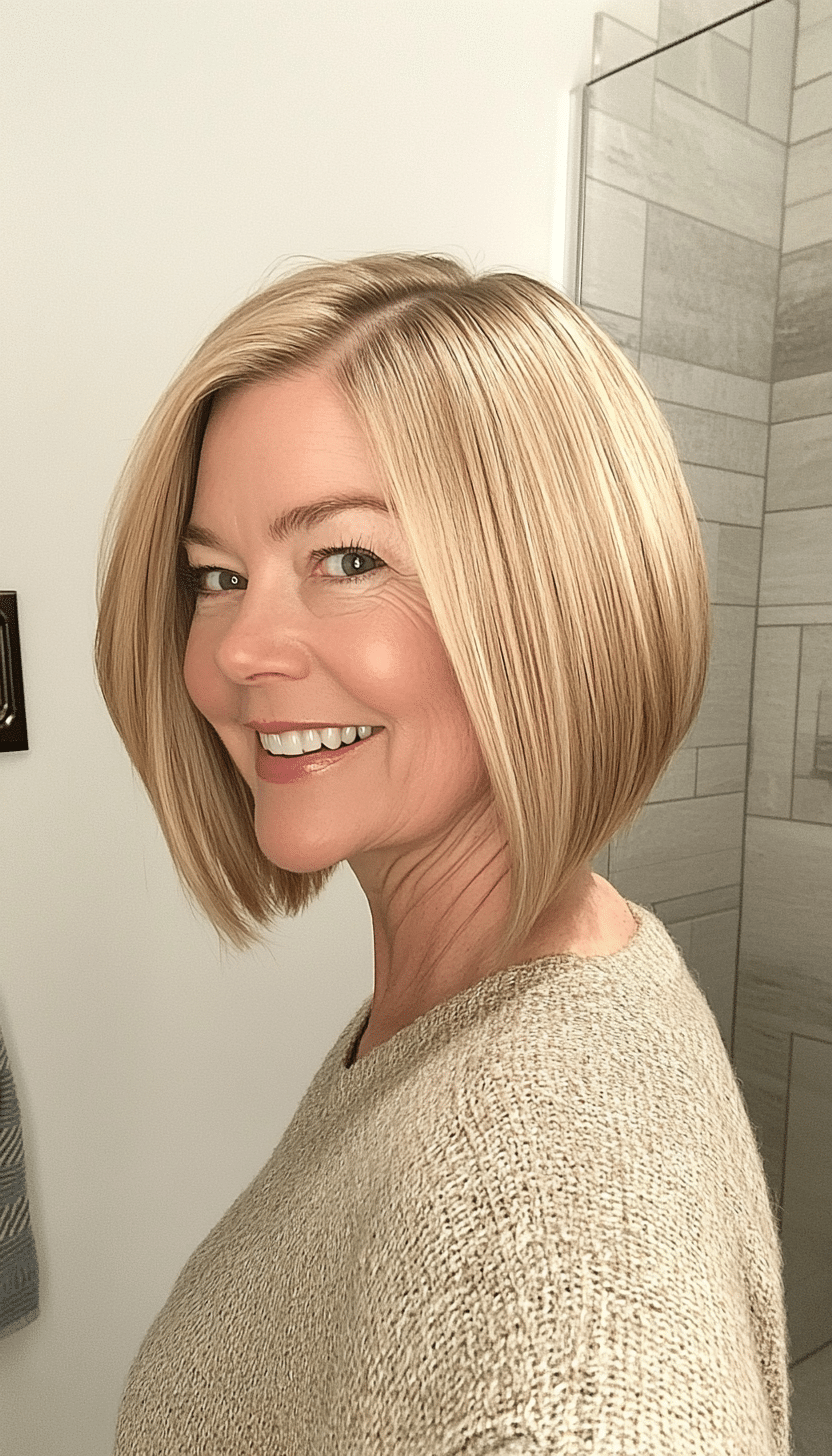 6. Angled Bob in Golden Blonde (Medium Haircuts For Older Women) - Medium Haircuts For Older Women