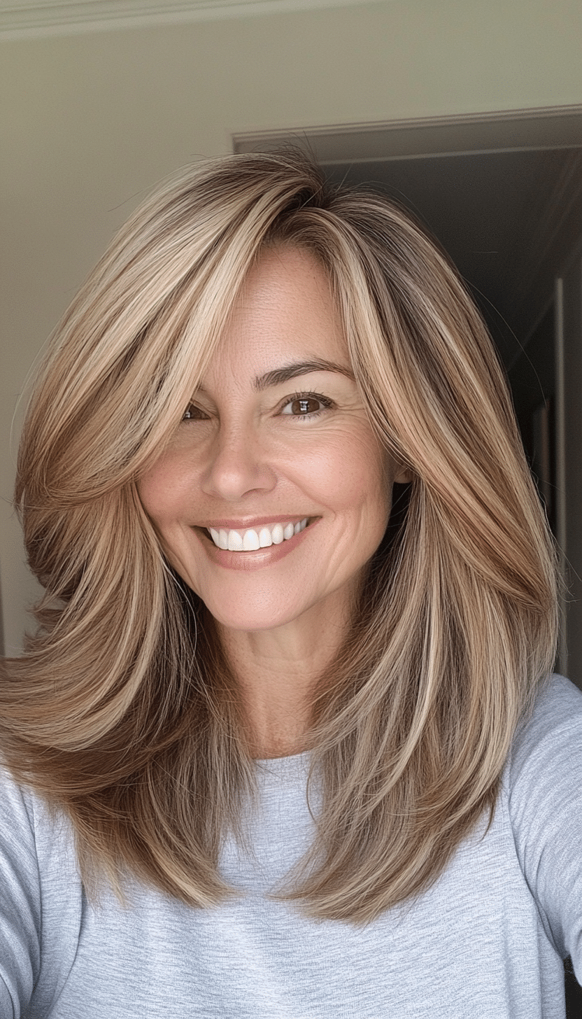 7. Wispy Layers with Caramel Highlights (Medium Haircuts For Older Women) - Medium Haircuts For Older Women
