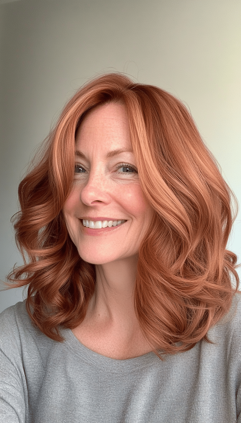 8. Curled Lob in Light Auburn (Medium Haircuts For Older Women) - Medium Haircuts For Older Women