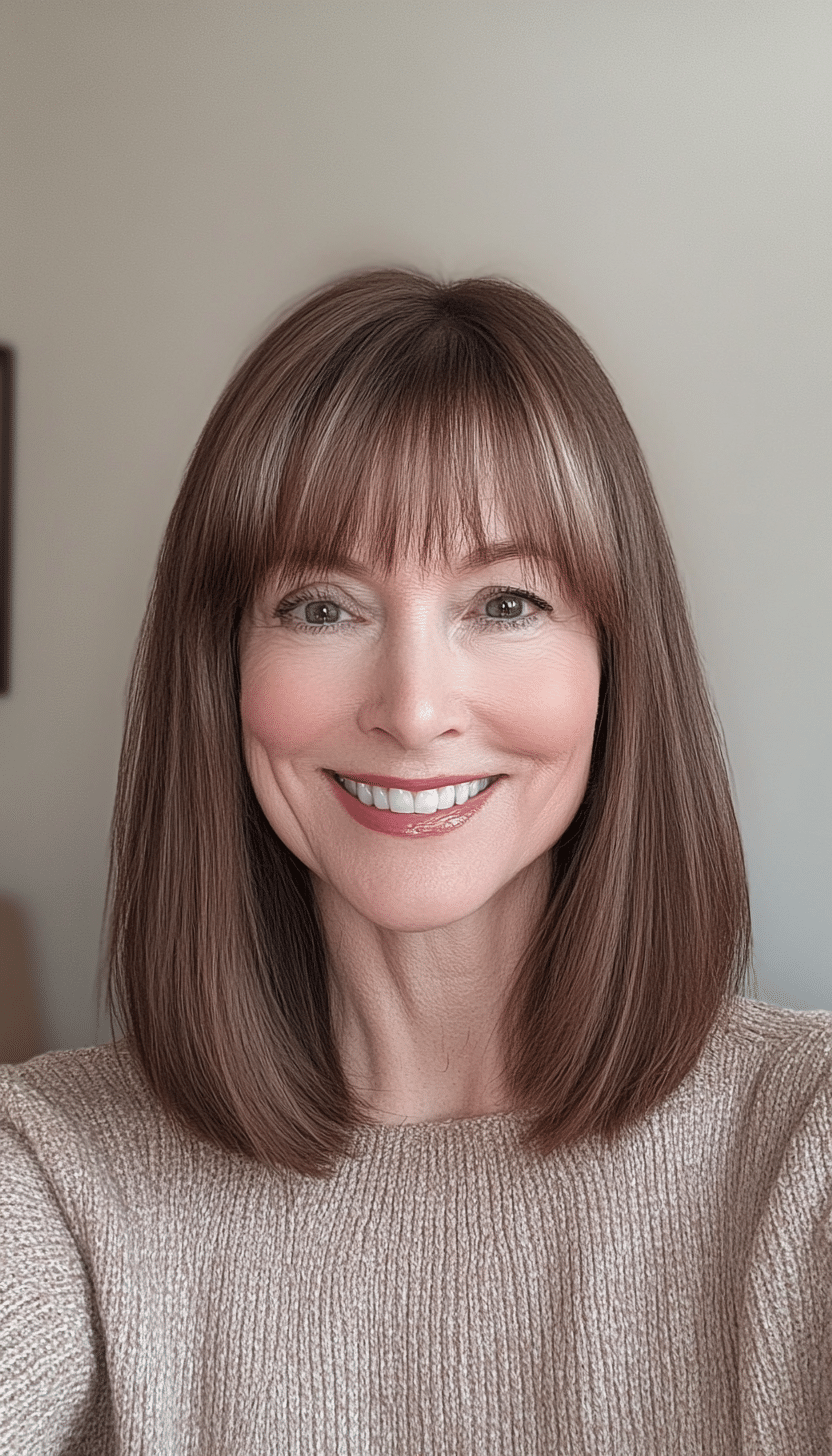 11. Shoulder-Length Cut with Bangs in Warm Brown (Medium Haircuts For Older Women) - Medium Haircuts For Older Women