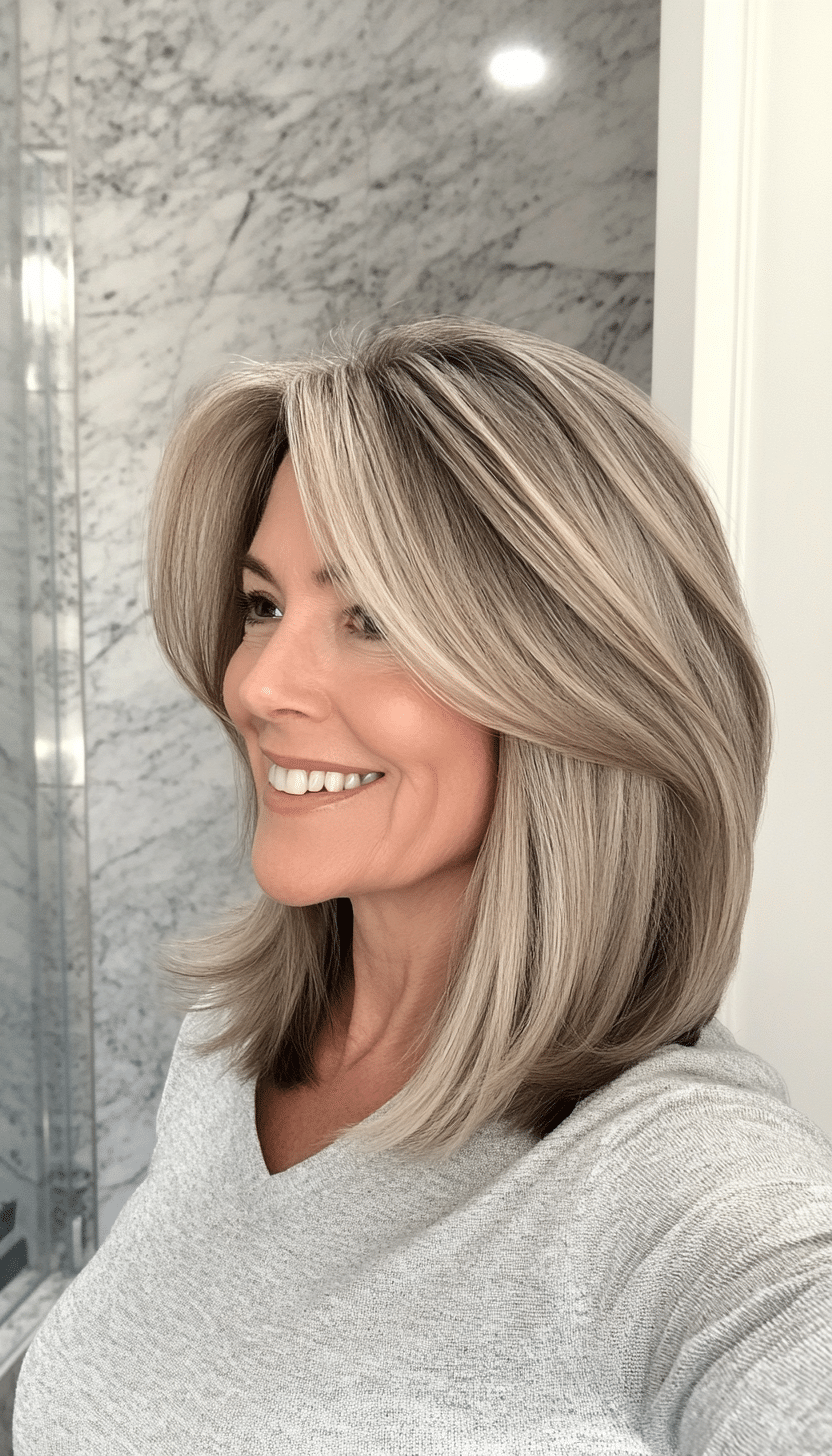 13. Long Bob with Curtain Bangs in Ash Blonde (Medium Haircuts For Older Women) - Medium Haircuts For Older Women