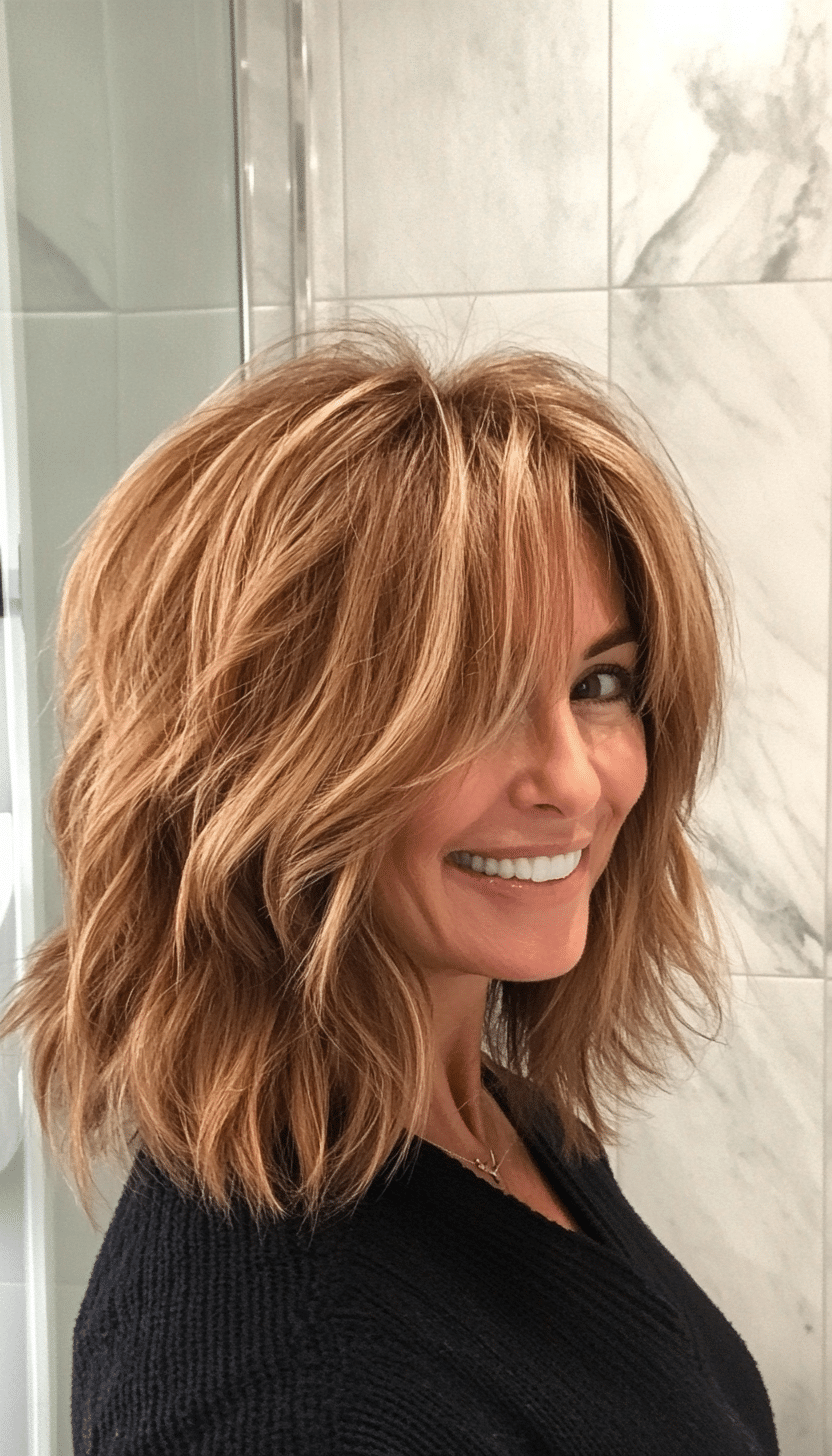 17. Shaggy Lob in Honey Brown (Medium Haircuts For Older Women) - Medium Haircuts For Older Women