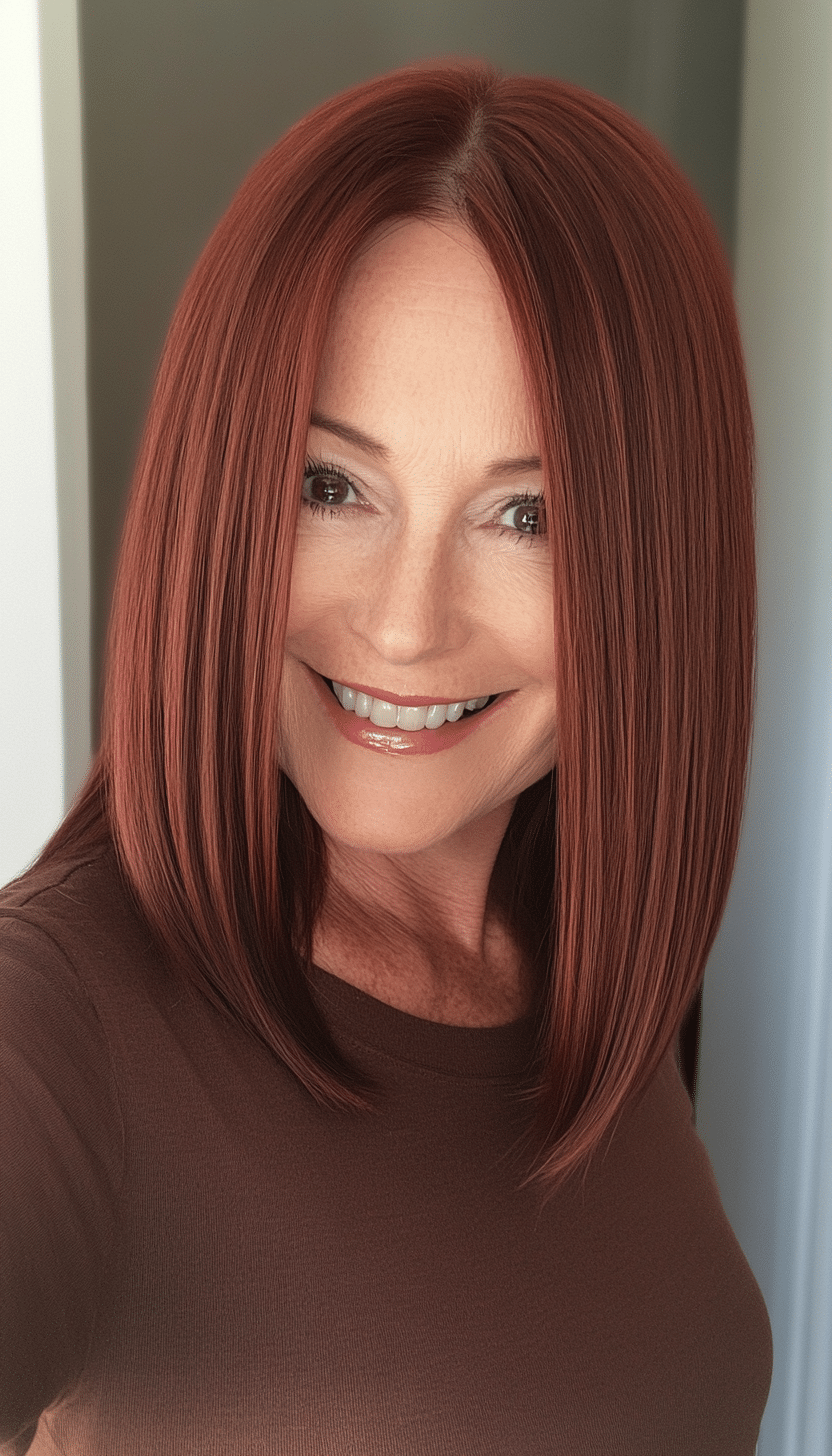 18. Sleek Mid-Length Cut in Dark Auburn (Medium Haircuts For Older Women) - Medium Haircuts For Older Women