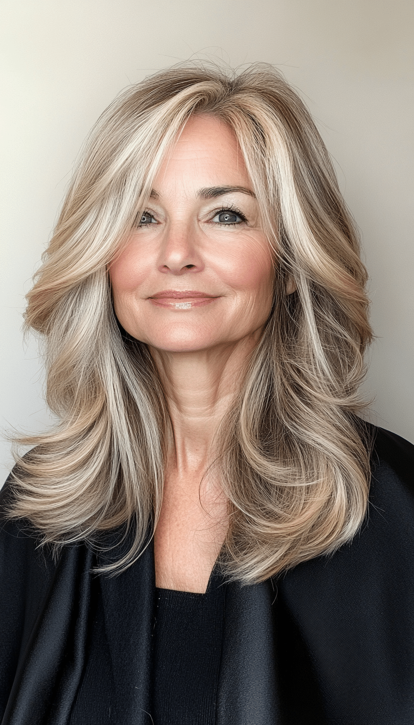 19. Medium Layered Cut with Side Bangs in Beige Blonde (Medium Haircuts For Older Women) - Medium Haircuts For Older Women