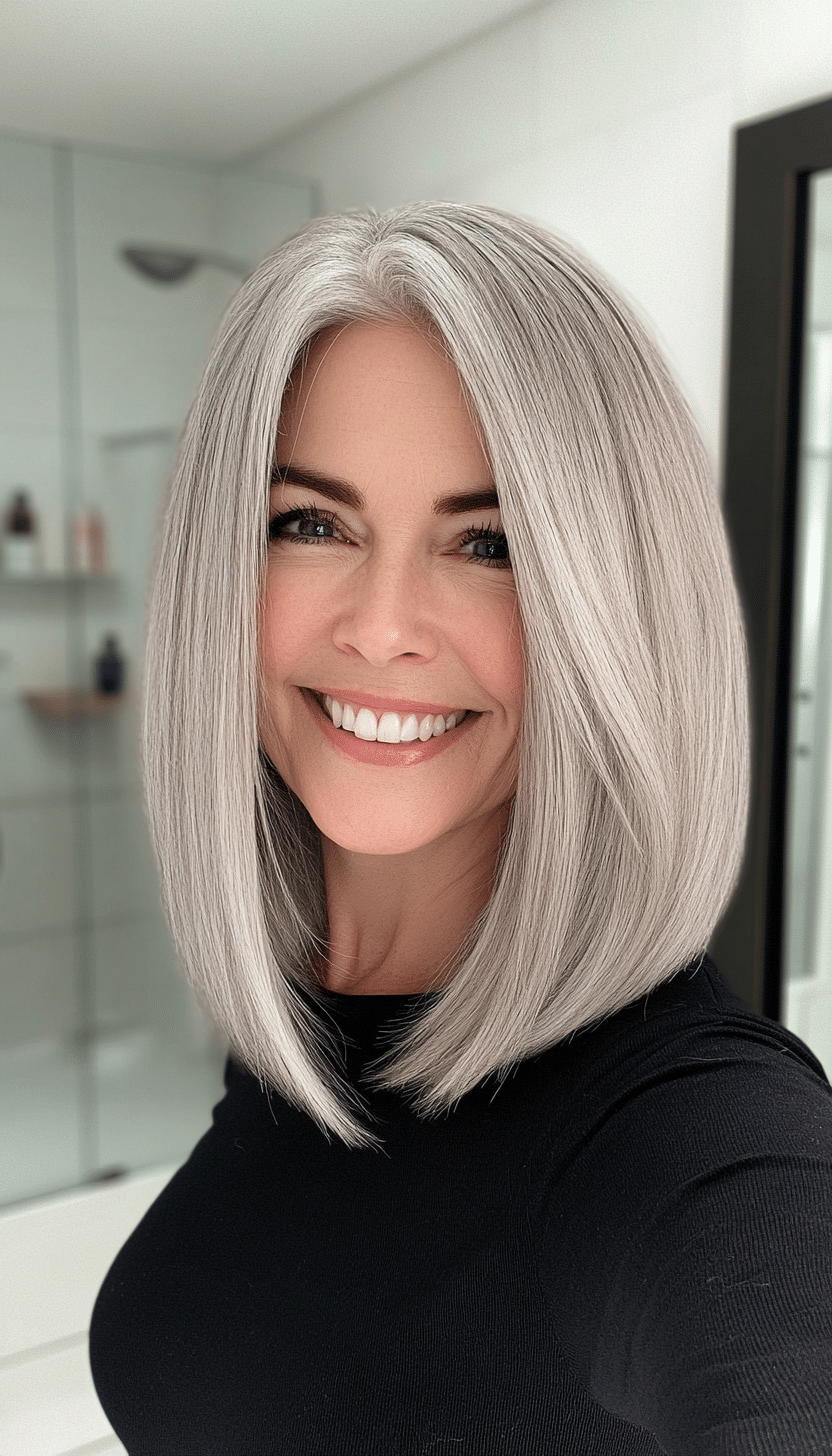 21. Classic Lob in Platinum Gray (Medium Haircuts For Older Women) - Medium Haircuts For Older Women