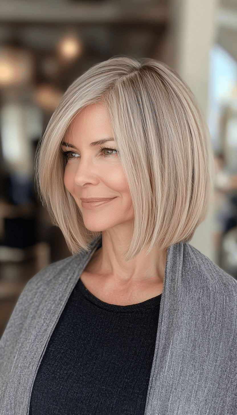 23. Blunt Lob with Layers in Ash Blonde (Medium Haircuts For Older Women) - Medium Haircuts For Older Women
