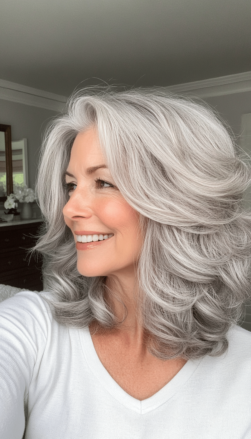 26. Mid-Length Curls in Soft Gray (Medium Haircuts For Older Women) - Medium Haircuts For Older Women