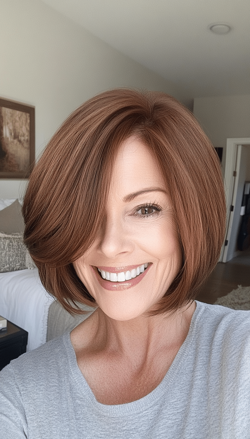 1. Soft Feathered Bob in Warm Chestnut (Bob Hairstyles For Women Over 50) - Bob Hairstyles For Women Over 50