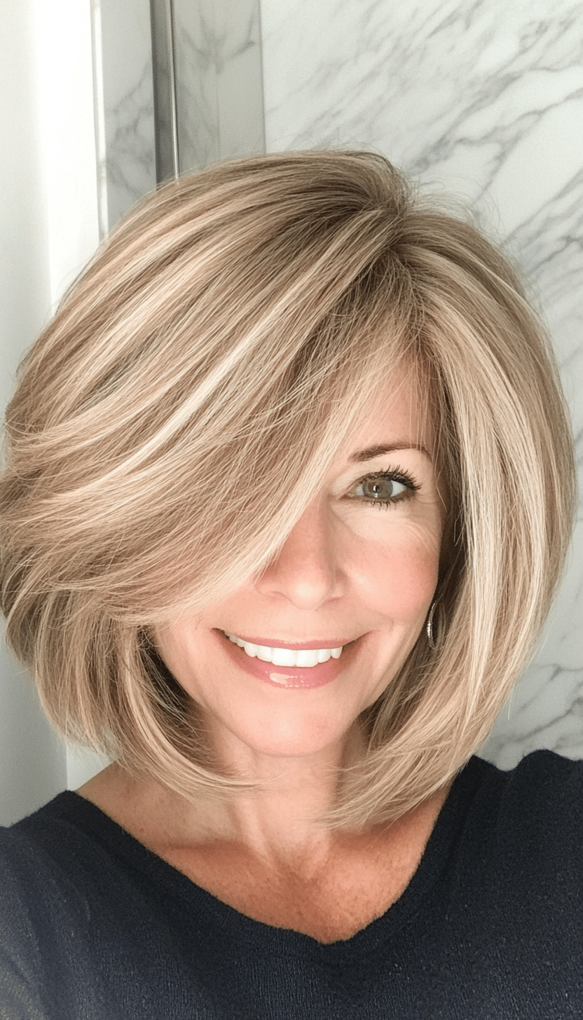 5. Layered Bob with Side Bangs in Sandy Blonde (Bob Hairstyles For Women Over 50) - Bob Hairstyles For Women Over 50