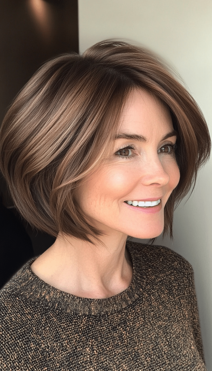 8. Angled Bob with Face-Framing Layers in Soft Brown (Bob Hairstyles For Women Over 50) - Bob Hairstyles For Women Over 50