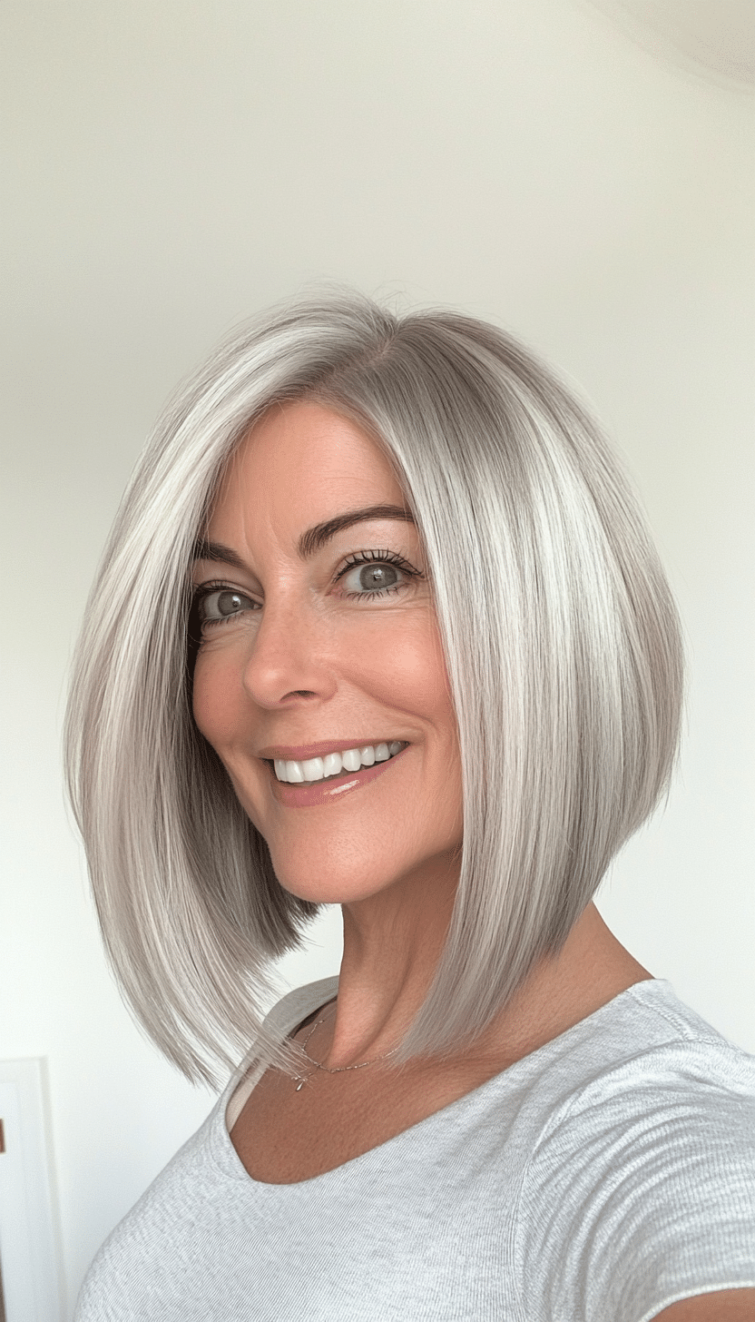 9. Asymmetrical Bob in Silver Blonde (Bob Hairstyles For Women Over 50) - Bob Hairstyles For Women Over 50