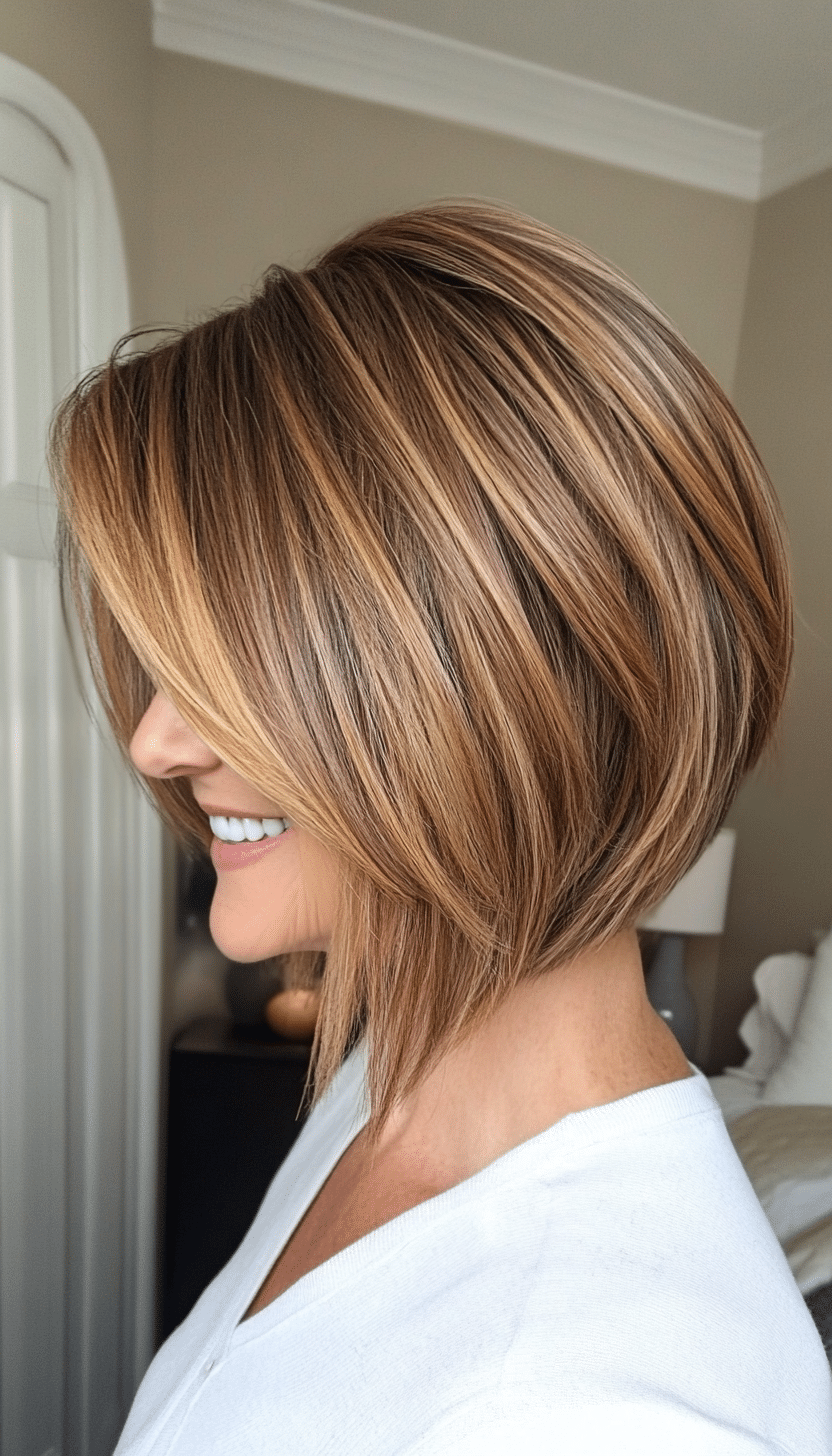13. Stacked Bob in Golden Brown (Bob Hairstyles For Women Over 50) - Bob Hairstyles For Women Over 50