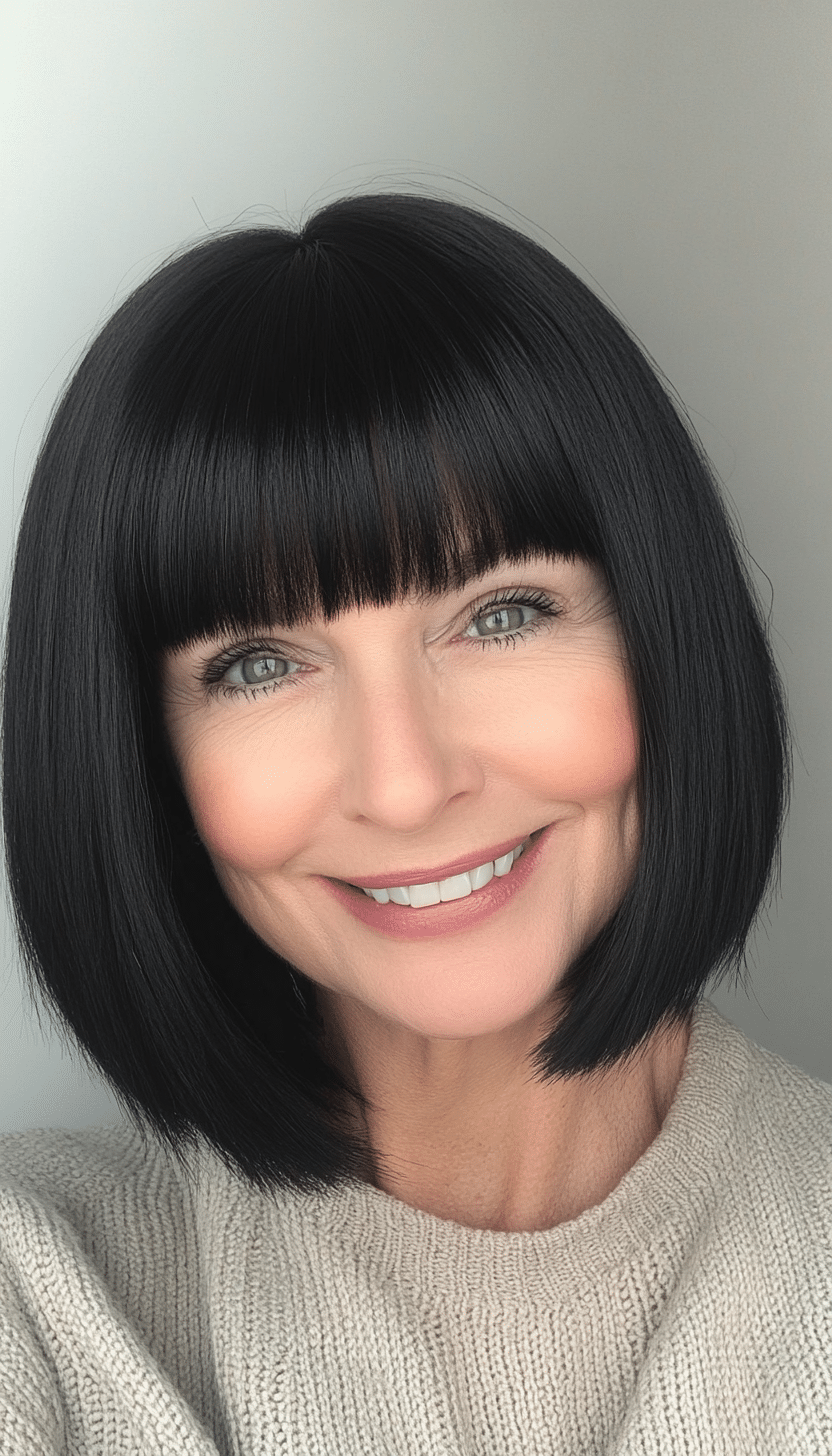 15. Blunt Bob with Bangs in Jet Black (Bob Hairstyles For Women Over 50) - Bob Hairstyles For Women Over 50