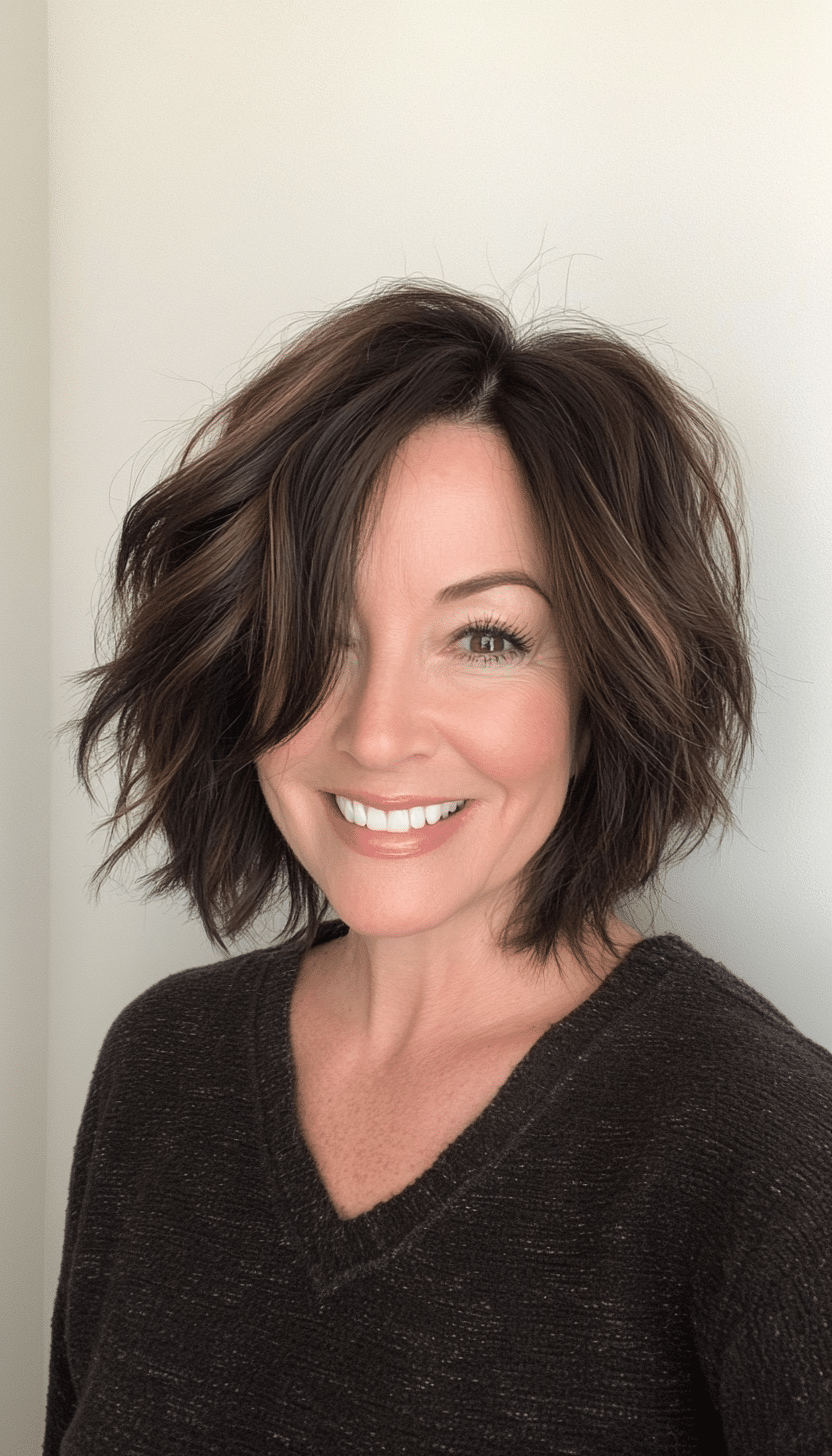 18. Messy Bob with Side Part in Deep Brown (Bob Hairstyles For Women Over 50) - Bob Hairstyles For Women Over 50