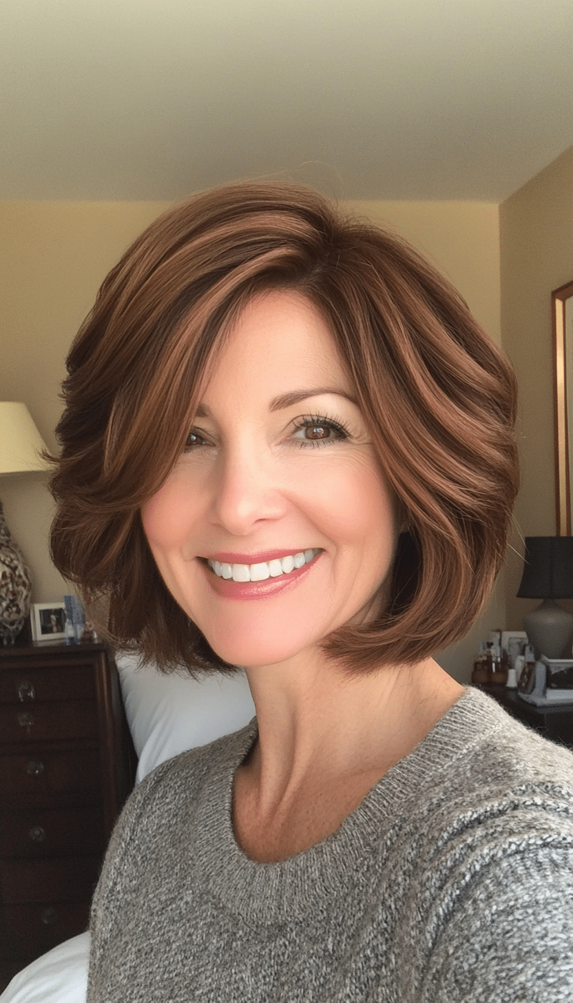 21. Voluminous Curved Bob in Warm Brown (Bob Hairstyles For Women Over 50) - Bob Hairstyles For Women Over 50