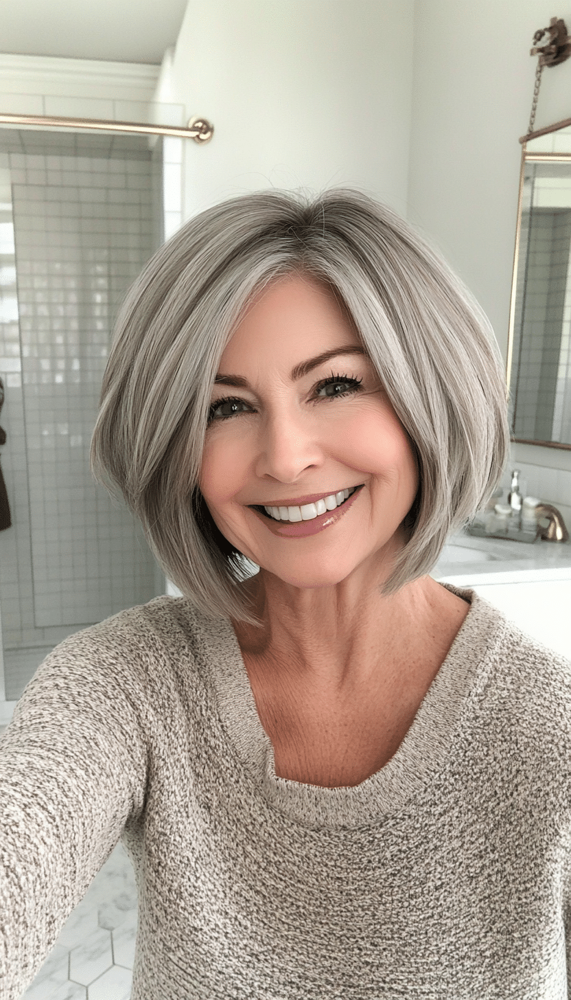 25. Angled Shag Bob in Soft Gray (Bob Hairstyles For Women Over 50) - Bob Hairstyles For Women Over 50