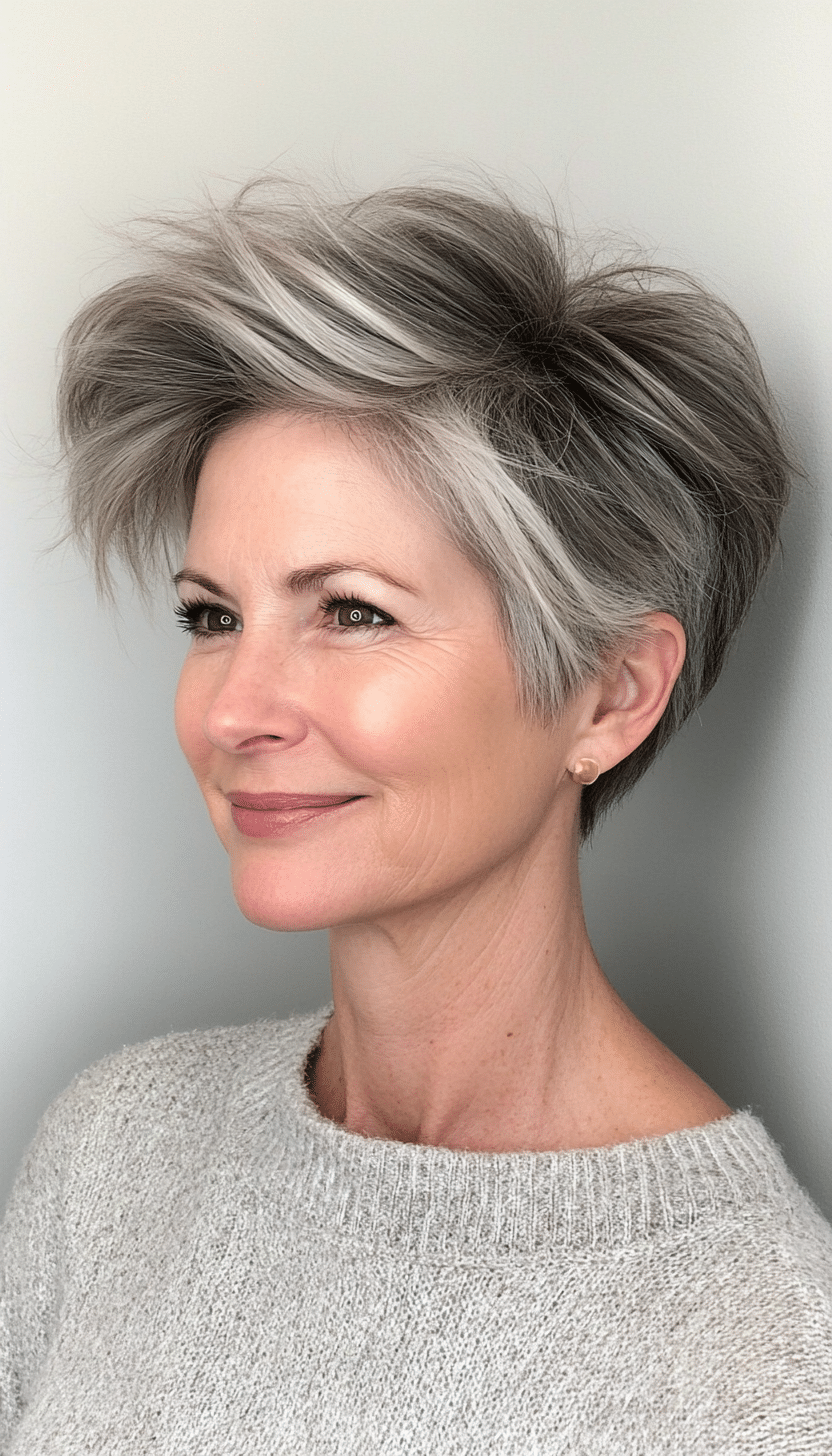 6. Wispy Fringe Pixie in Salt and Pepper (Pixie Hairstyles For Women Over 50) - Pixie Hairstyles For Women Over 50