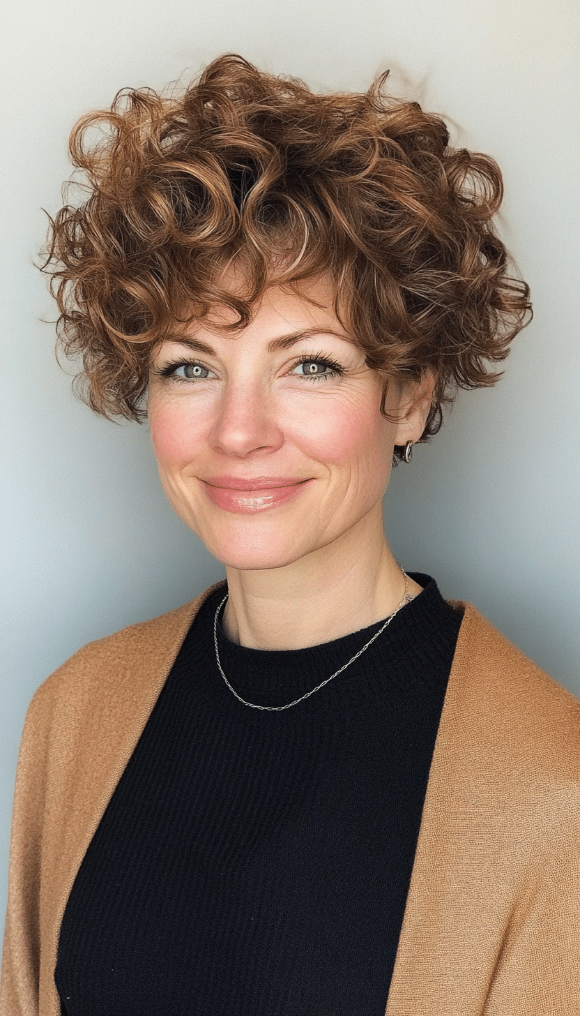 8. Curly Pixie Cut in Warm Brown (Pixie Hairstyles For Women Over 50) - Pixie Hairstyles For Women Over 50
