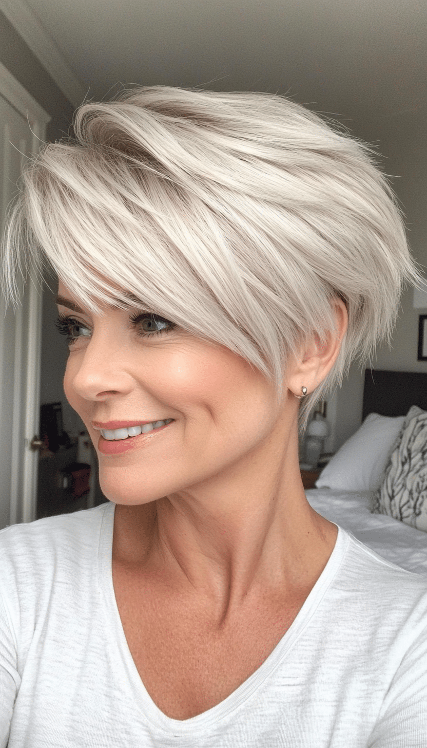 9. Feathered Pixie in Platinum Blonde (Pixie Hairstyles For Women Over 50) - Pixie Hairstyles For Women Over 50