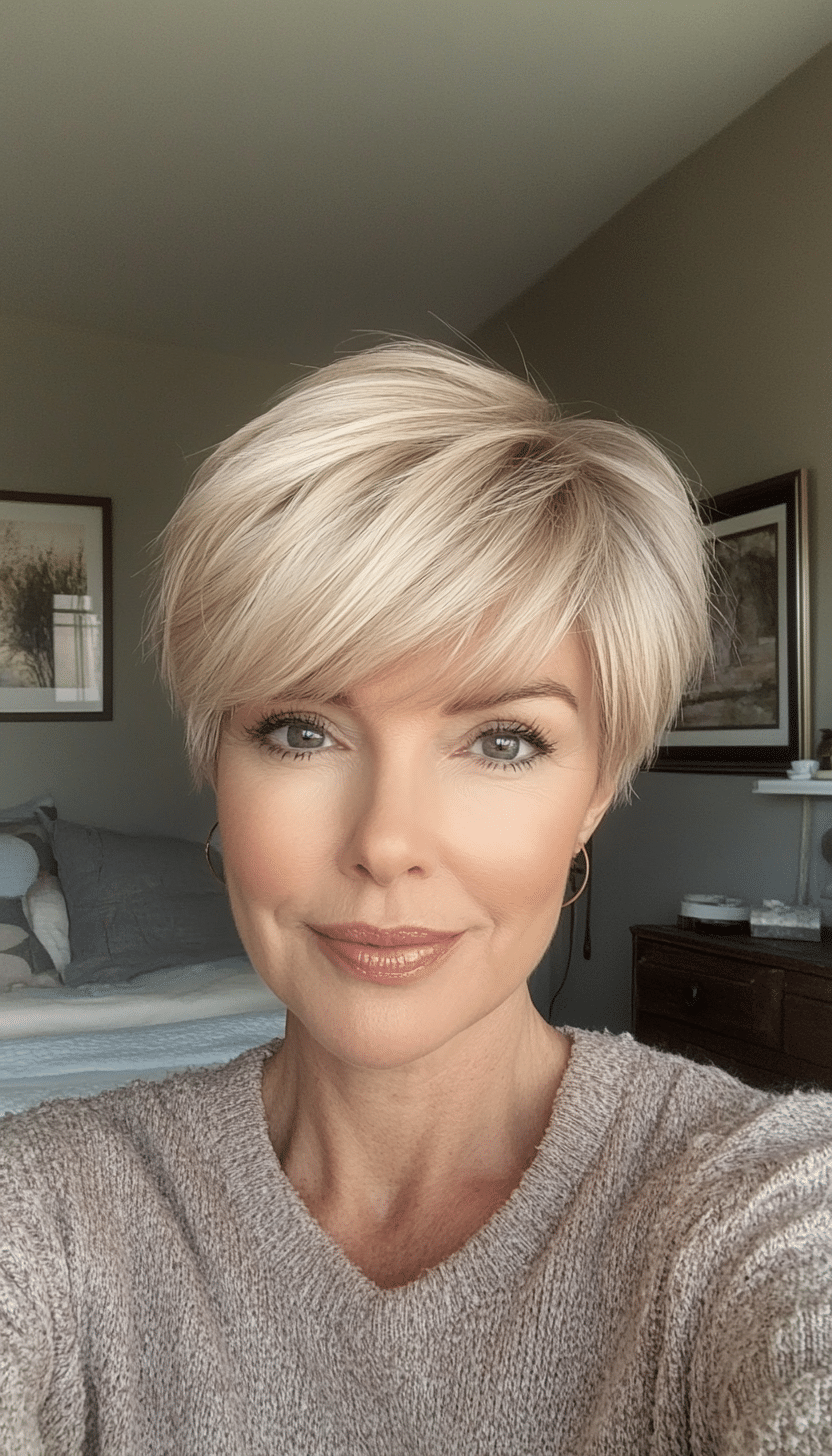 15. Soft Pixie with Bangs in Beige Blonde (Pixie Hairstyles For Women Over 50) - Pixie Hairstyles For Women Over 50