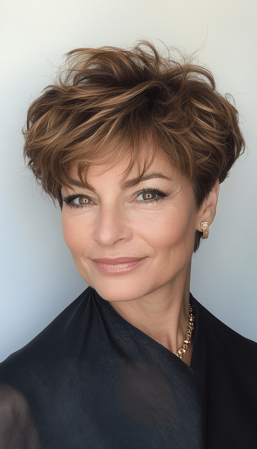 17. Wavy Pixie Cut in Golden Brown (Pixie Hairstyles For Women Over 50) - Pixie Hairstyles For Women Over 50