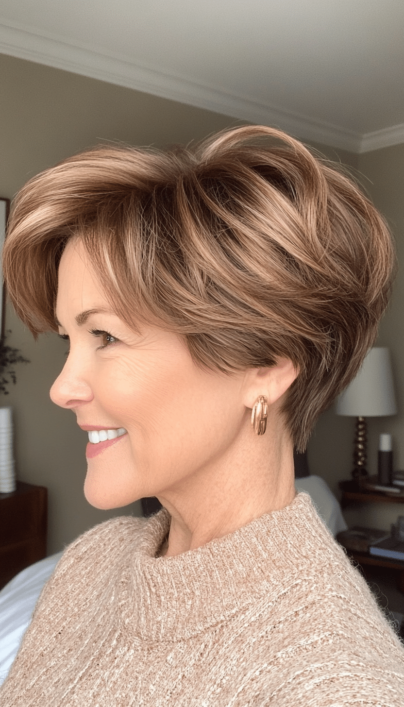 19. Soft Crop with Layers in Caramel Brown (Pixie Hairstyles For Women Over 50) - Pixie Hairstyles For Women Over 50