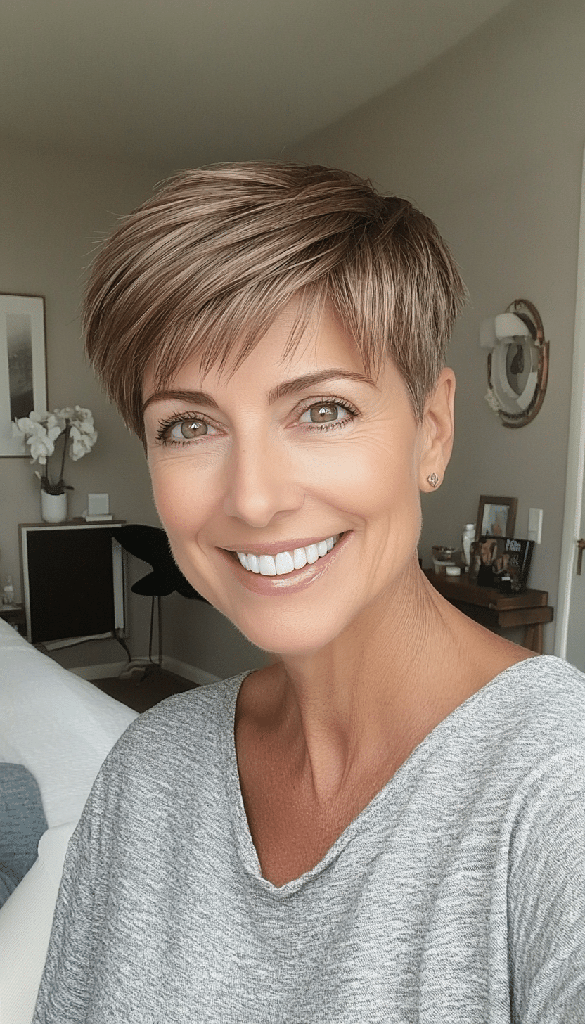 22. Short Pixie with Side Fringe in Light Brown (Pixie Hairstyles For Women Over 50) - Pixie Hairstyles For Women Over 50