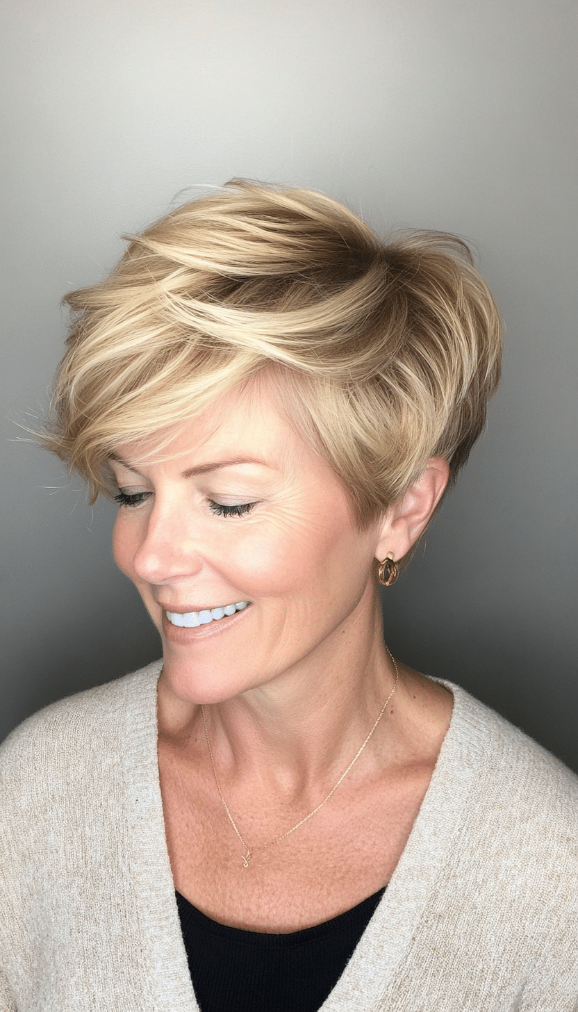 26. Wispy Layered Pixie in Honey Blonde (Pixie Hairstyles For Women Over 50) - Pixie Hairstyles For Women Over 50