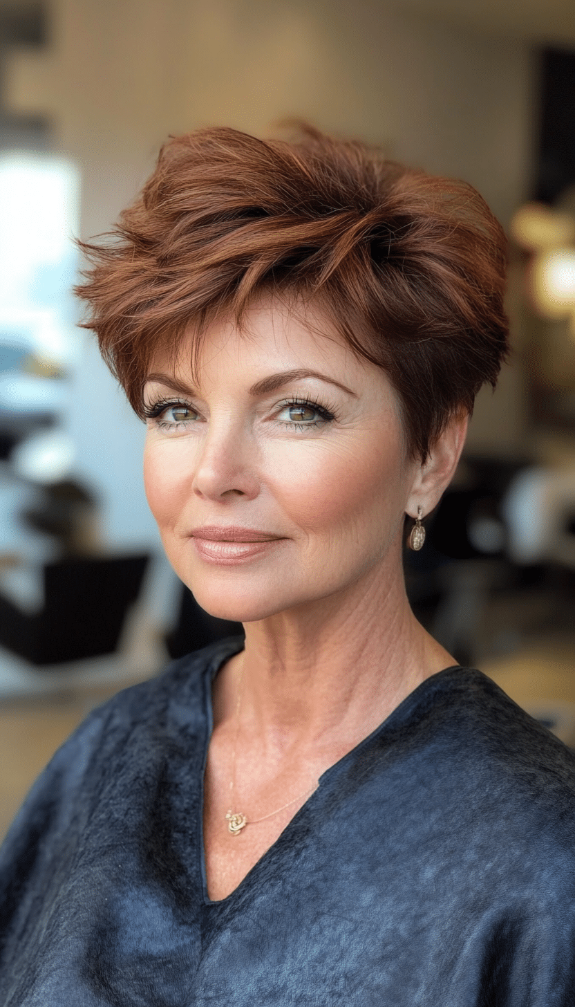 27. Voluminous Crown Pixie in Warm Chestnut (Pixie Hairstyles For Women Over 50) - Pixie Hairstyles For Women Over 50