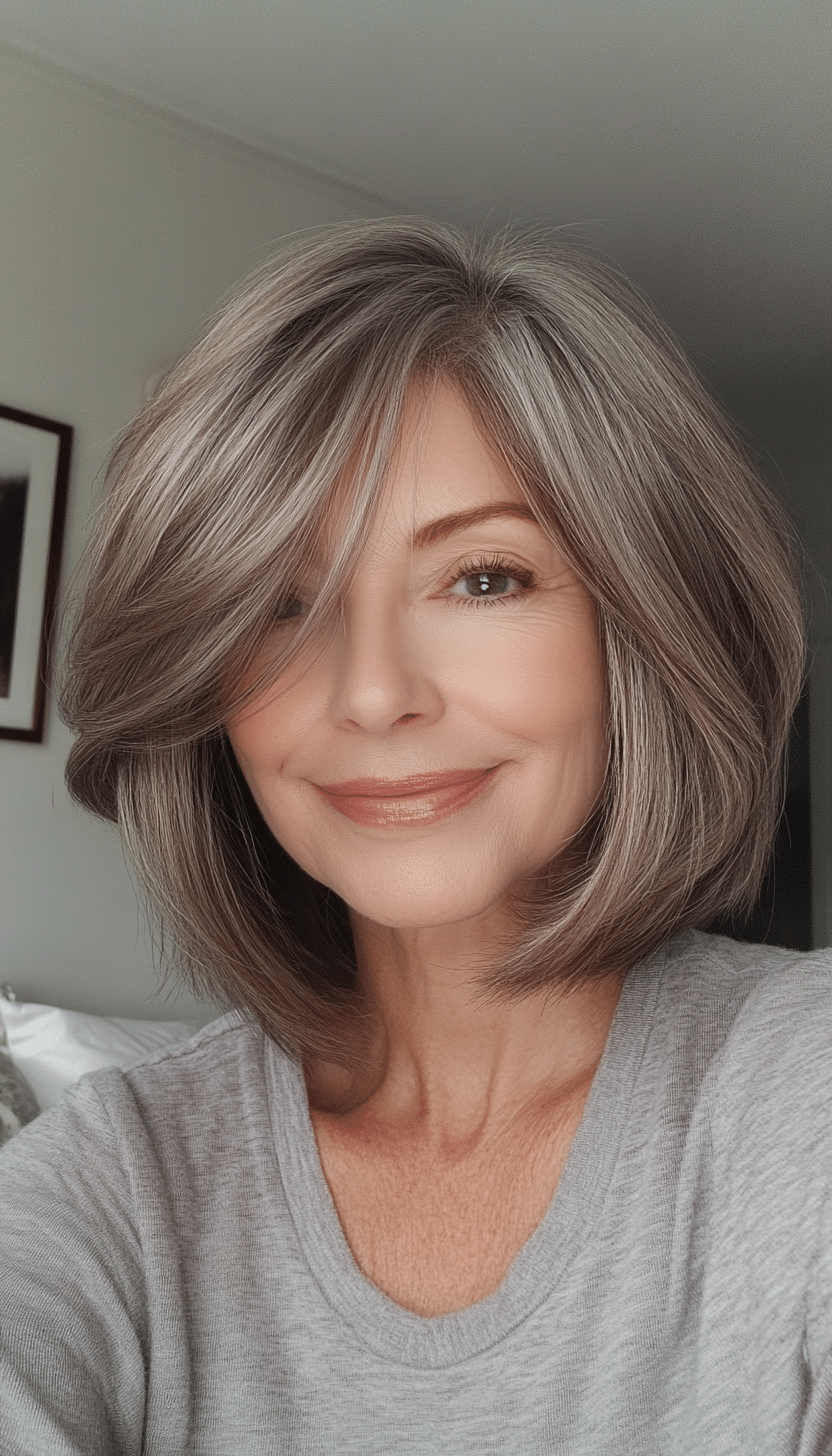 2. Ash Brown Layered Bob with Side-Swept Bangs (Senior Haircuts For Older Women) - Senior Haircuts For Older Women