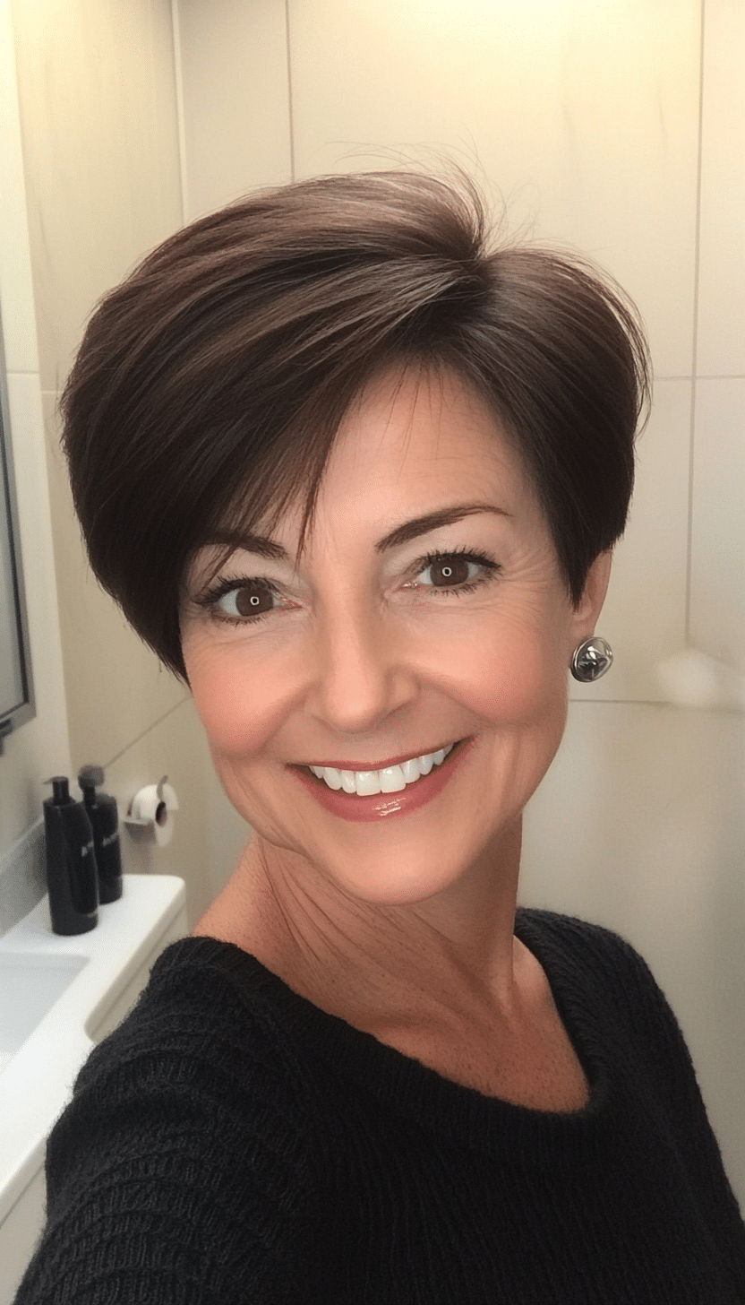 8. Dark Brown Sleek Pixie with Subtle Layers (Senior Haircuts For Older Women) - Senior Haircuts For Older Women