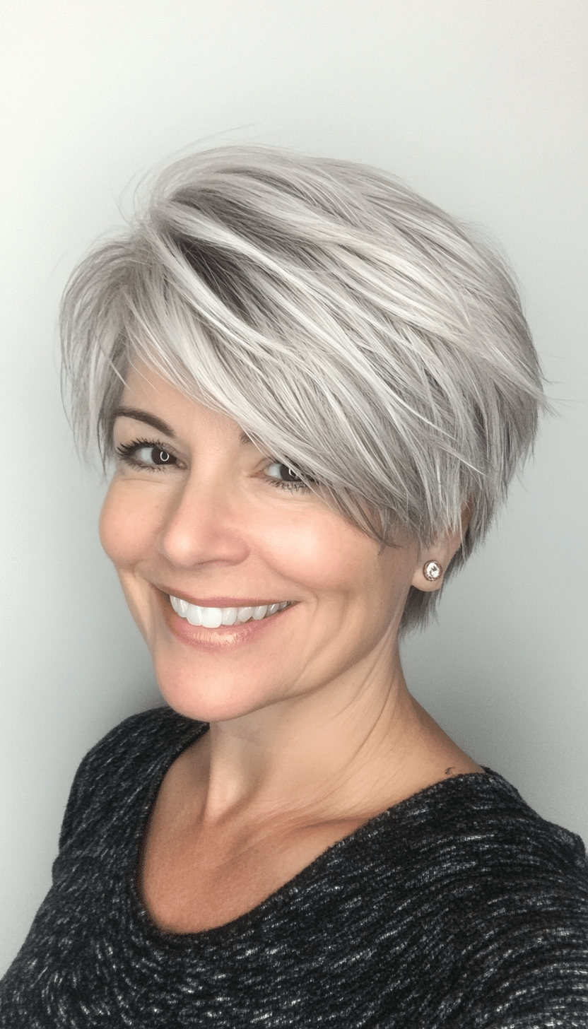 13. Platinum Silver Textured Pixie with Long Bangs (Senior Haircuts For Older Women) - Senior Haircuts For Older Women