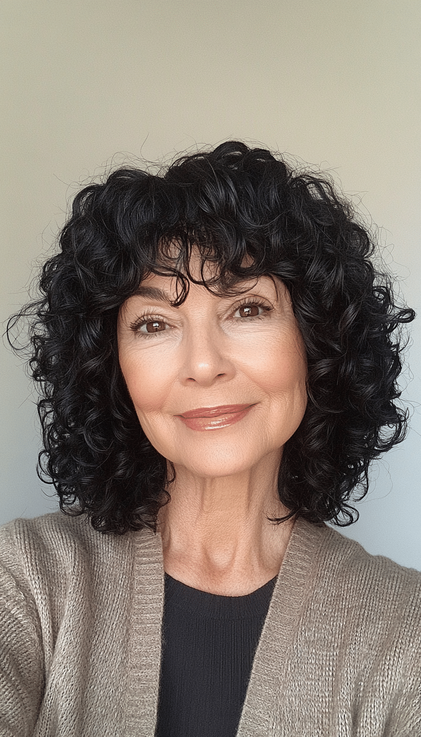 15. Soft Black Curly Bob with Layered Curls (Senior Haircuts For Older Women) - Senior Haircuts For Older Women