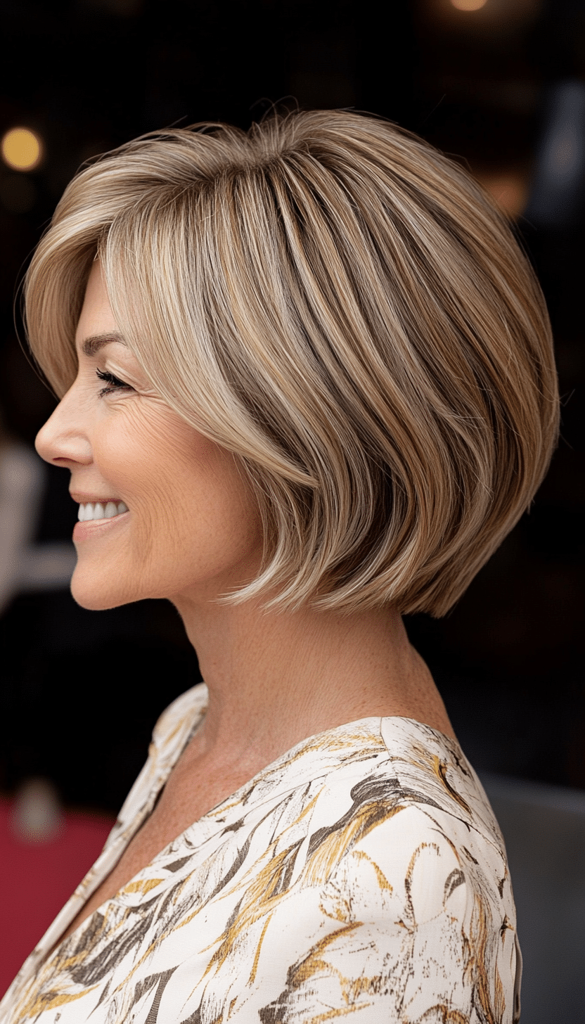16. Caramel Blonde Short Bob with Side Part (Senior Haircuts For Older Women) - Senior Haircuts For Older Women