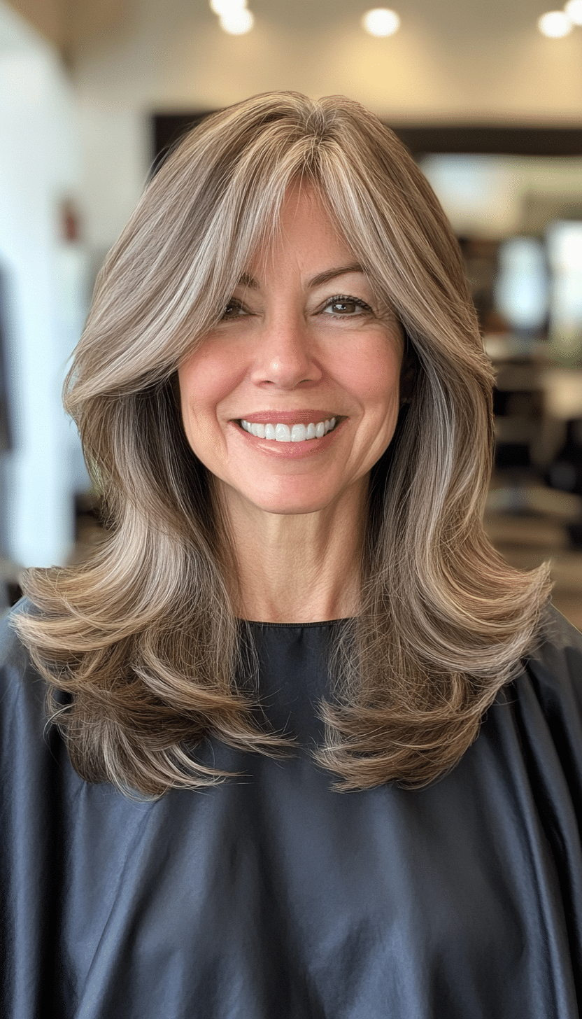 19. Light Ash Brown Long Layers with Side Bangs (Senior Haircuts For Older Women) - Senior Haircuts For Older Women