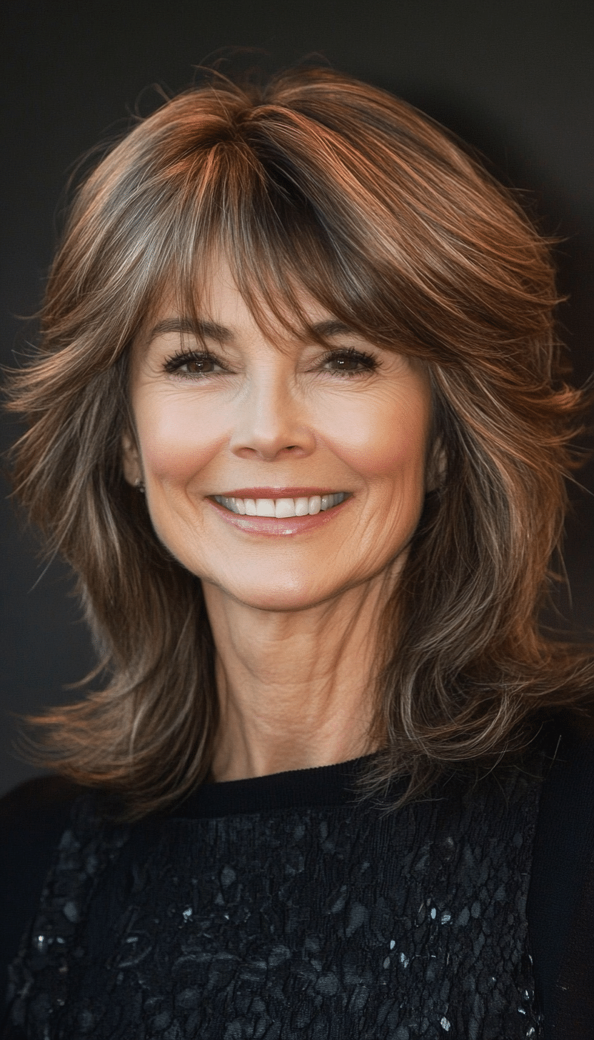 20. Warm Brown Soft Shag with Wispy Bangs (Senior Haircuts For Older Women) - Senior Haircuts For Older Women