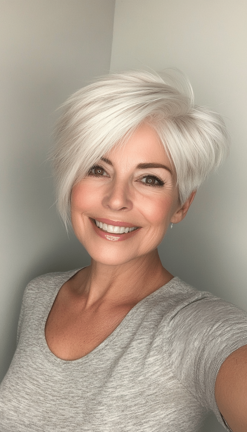24. Natural White Layered Pixie with Volume Top (Senior Haircuts For Older Women) - Senior Haircuts For Older Women