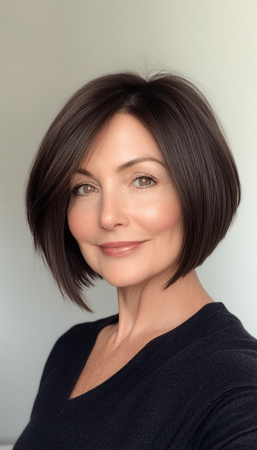 8. Angled Bob in Dark Brown (Short Hairstyles For Women Over 60 With Thin Hair) - Short Hairstyles For Women Over 60 With Thin Hair