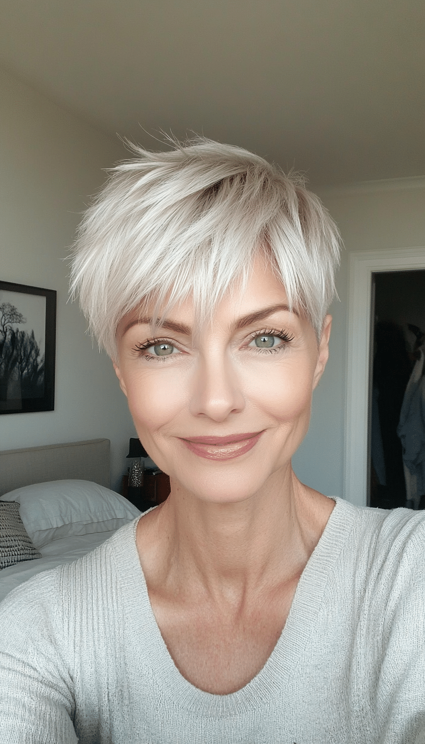 10. Layered Pixie in Platinum Blonde (Short Hairstyles For Women Over 60 With Thin Hair) - Short Hairstyles For Women Over 60 With Thin Hair