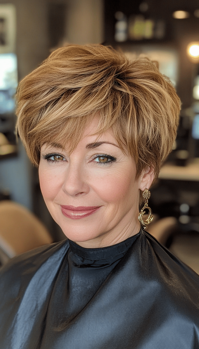 14. Layered Crop in Golden Brown (Short Hairstyles For Women Over 60 With Thin Hair) - Short Hairstyles For Women Over 60 With Thin Hair