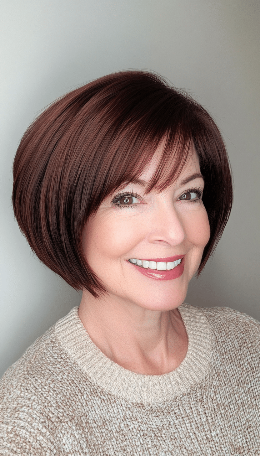 16. Bob with Bangs in Dark Auburn (Short Hairstyles For Women Over 60 With Thin Hair) - Short Hairstyles For Women Over 60 With Thin Hair