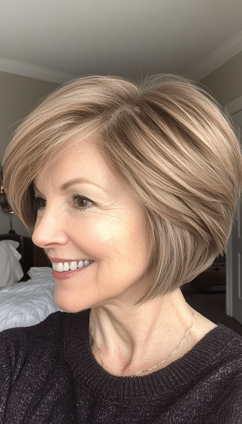 17. Stacked Bob in Light Brown (Short Hairstyles For Women Over 60 With Thin Hair) - Short Hairstyles For Women Over 60 With Thin Hair