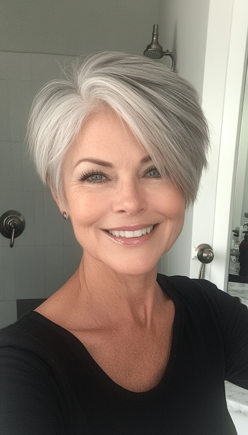 26. Tapered Pixie in Gray Blonde (Short Hairstyles For Women Over 60 With Thin Hair) - Short Hairstyles For Women Over 60 With Thin Hair