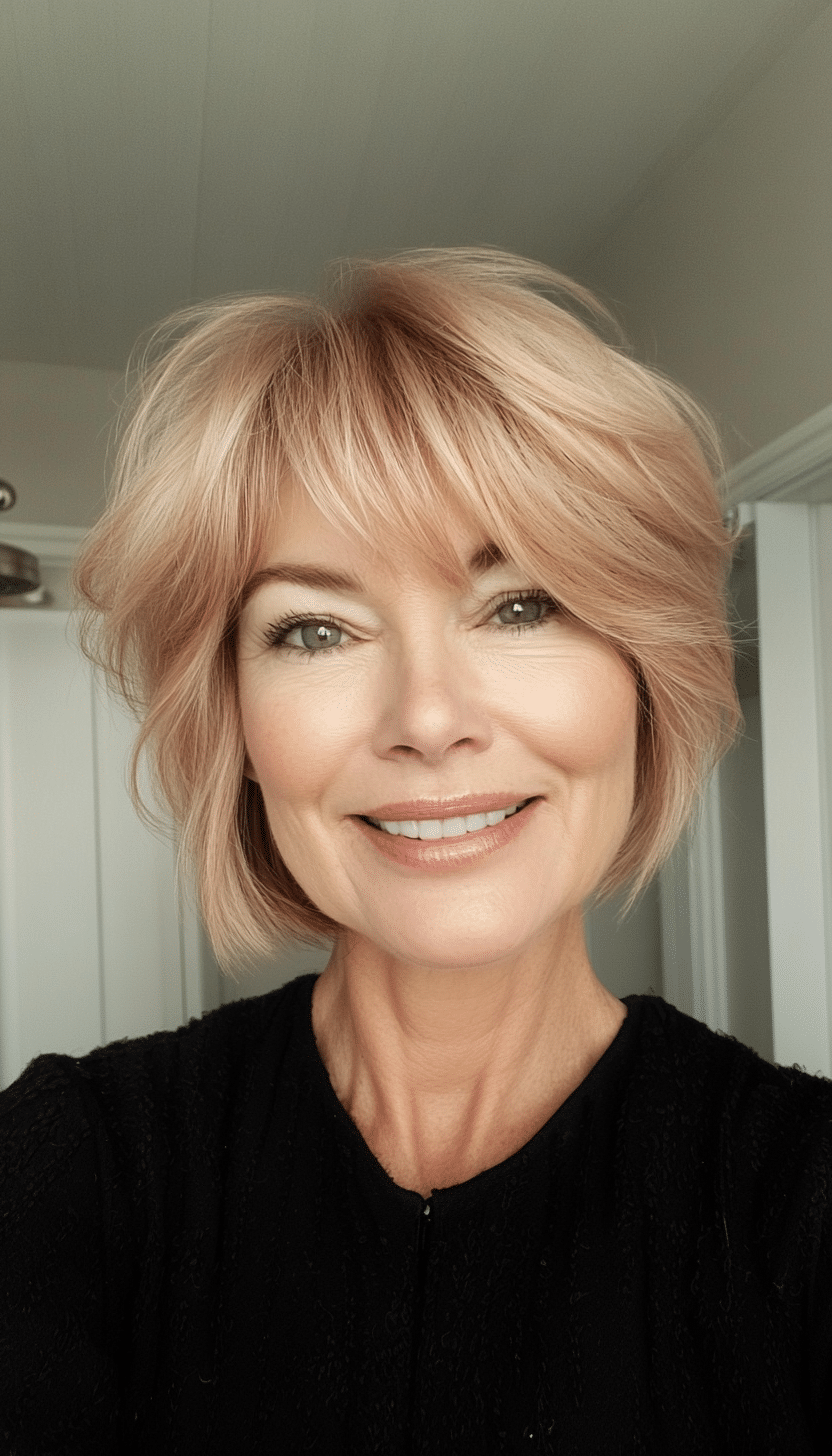 27. Soft Crop with Bangs in Strawberry Blonde (Short Hairstyles For Women Over 60 With Thin Hair) - Short Hairstyles For Women Over 60 With Thin Hair