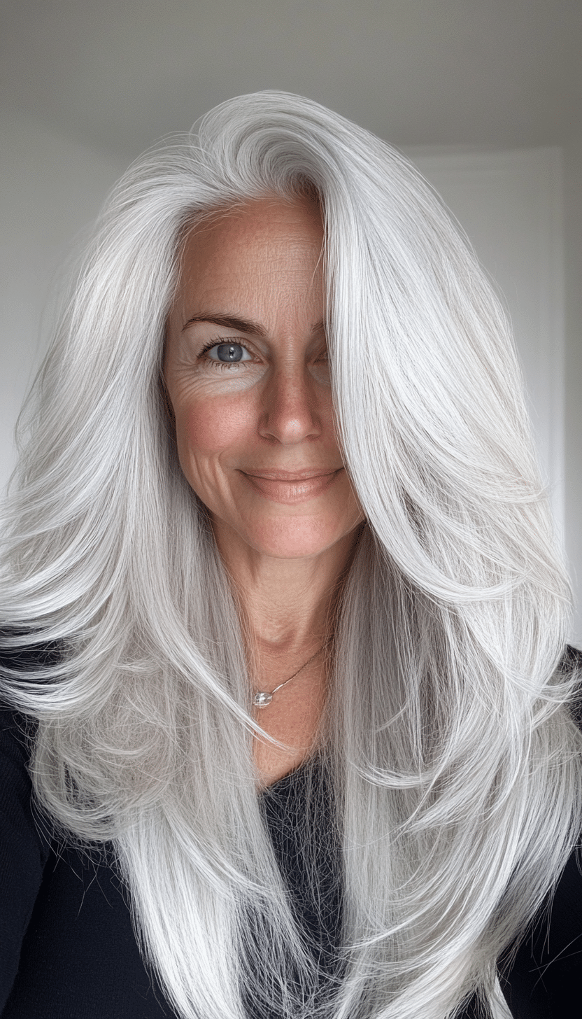 1. Silver Cascade Layers (Long Haircuts For Older Women) - Long Haircuts For Older Women