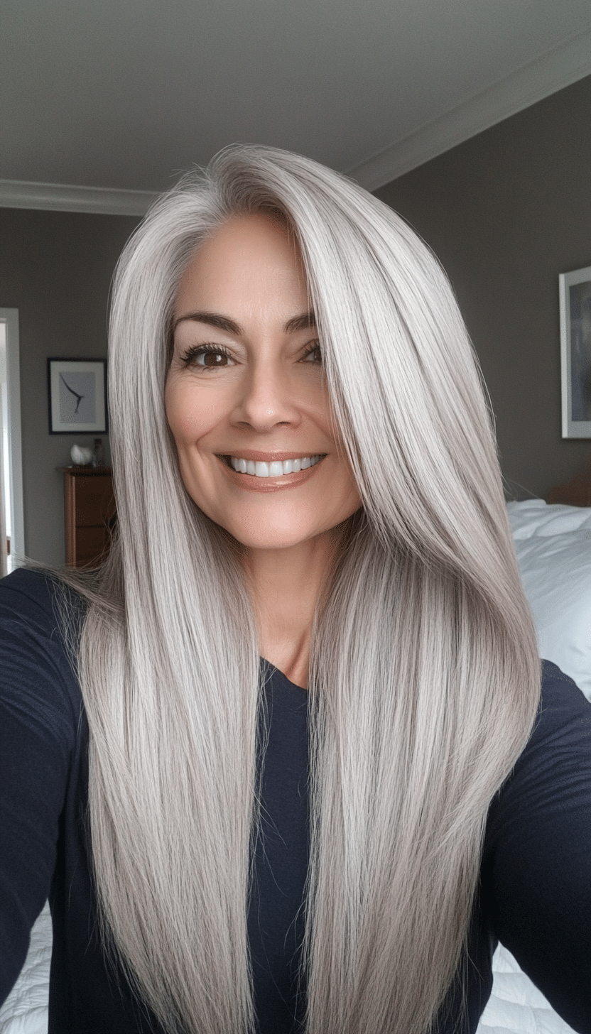 4. Icy Ash Sleek Layers (Long Haircuts For Older Women) - Long Haircuts For Older Women