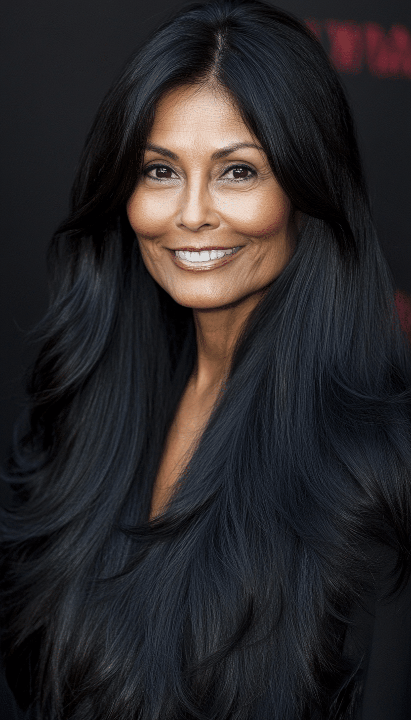 8. Deep Ebony Flowing Layers (Long Haircuts For Older Women) - Long Haircuts For Older Women